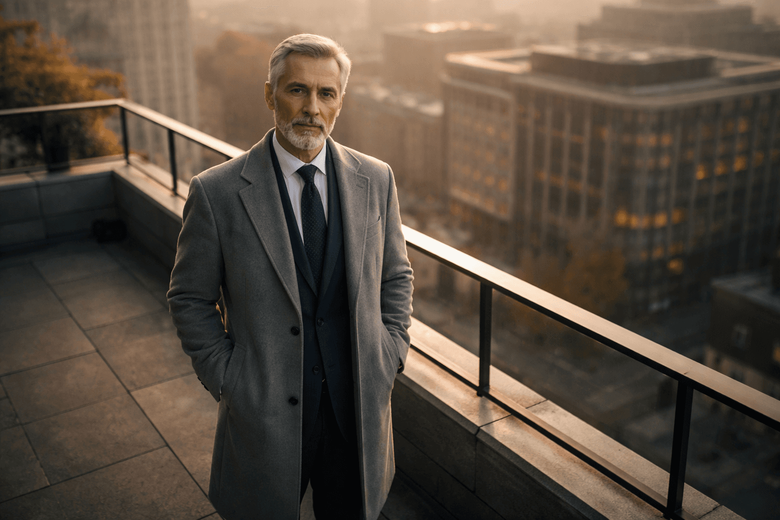 Aerial view from above of a fictional senior regulator standing on a rooftop terrace overlooking a generic city at dawn, face visible, neutral coat, warm light, with the person in the upper two thirds and the lower third left dark and empty for a headline band.