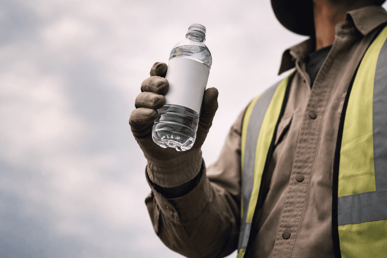 Low-angle shot of an anonymous person shown from the chest with their face out of frame, holding a plain clear plastic bottle with a blank label up toward a soft overcast sky; background softly blurred and lower third kept empty.